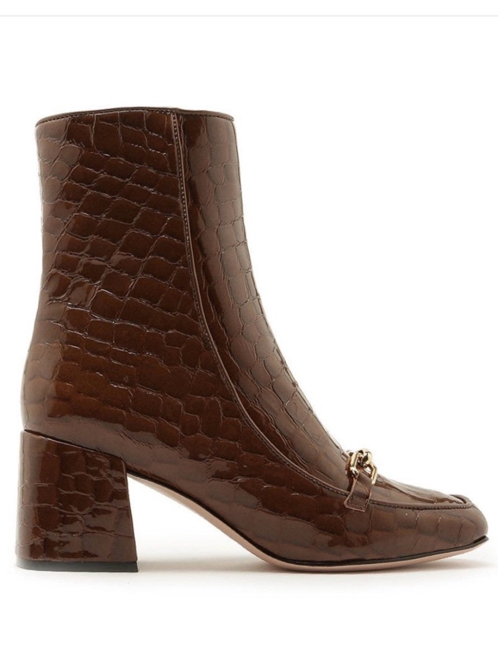 SCHUTZ Mika Brown Croc-Embossed Mid Block Heel Bootie with Chain Detail